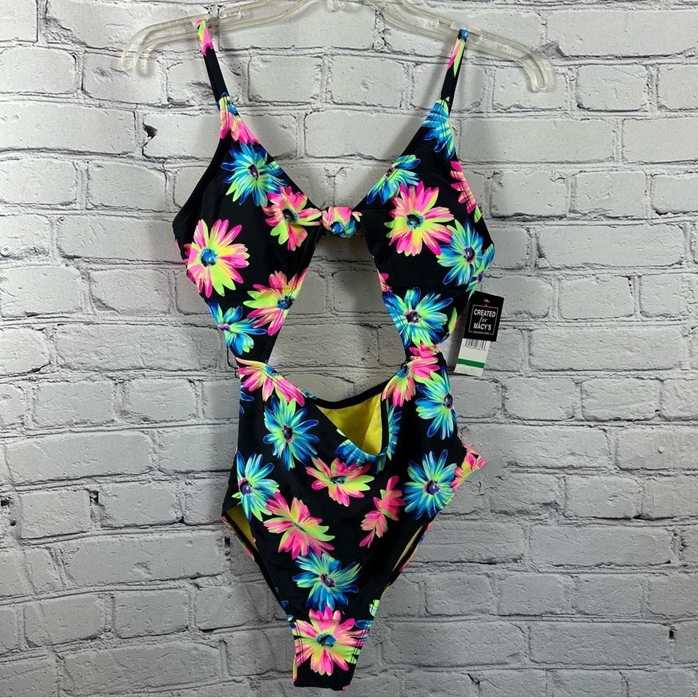 California Waves Juniors Daisy Knotted Cutout High Leg Black One Piece Swim L
